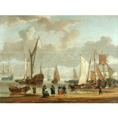 Coast Scene with Shipping Anchored Offshore and Figures on a Beach in the Foreground Painting Reproduction