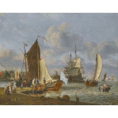 A Dutch Harbour with a Bezsn Yacht and a Gajoot at a Quay with Figures Bathing from a Rowing Boat Painting Reproduction