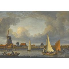 A River Landscape with Fishermen in Rowing Boats and Windmills Beyond Painting Reproduction