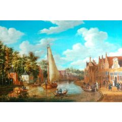 Dutch Canal Scene with Rigged Sailing Vessels and Figures among the Terraced Houses of Holland Painting Reproduction