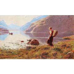 A young girl in a fjordlandscape Painting Reproduction