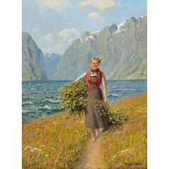 Girl Carrying Leaves Painting Reproduction
