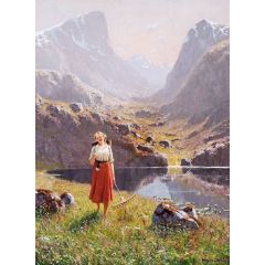 Girl by a mountain lake Painting Reproduction