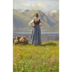 Girl before a Fjord Painting Reproduction