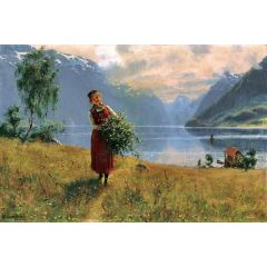 Young Girl with Birch Twigs in Front of a Norwegian Fjord Painting Reproduction