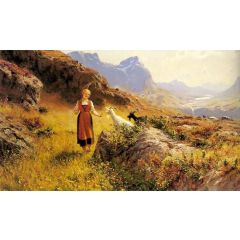 An Alpine Landscapewith a Shepherdess and Goats Painting Reproduction