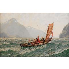 Fjord with Sailing Boat Painting Reproduction