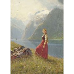 A young harvester at a sunlit fjord Painting Reproduction