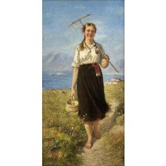 Girl with rake and wooden box Painting Reproduction