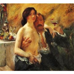 Self Portrait with Charlotte Berend and a Glass of Champagne Painting Reproduction