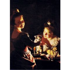 Two Girls Dressing a Kitten by Candlelight Painting Reproduction