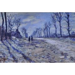 Route, effet de neige, soleil couchant (Snow Effect along a Road with Setting Sun) Painting Reproduction