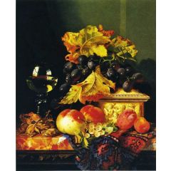 Black Grapes on a Carved Ivory Box, Peaches, Whitecurrants and Hazelnuts with a Hoch Glass on a Marble Ledge Painting Reproduction
