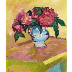 Red peonies in pale blue jug on a table Painting Reproduction