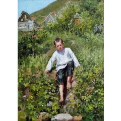 A boy climbing down a bank Painting Reproduction