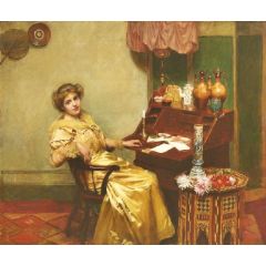Girl at a Bureau Painting Reproduction