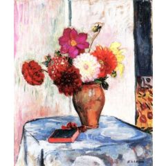 Vase of Dahlias with Book on a Table Painting Reproduction