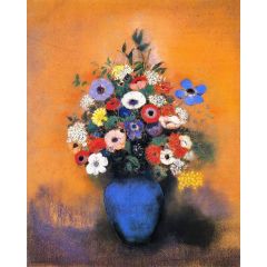 Minosas, Anemonies and Leaves in a Blue Vase Painting Reproduction