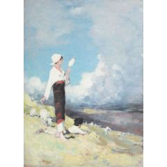 Peasant Girl with Flock of Sheep in Muscelului Valley Painting Reproduction