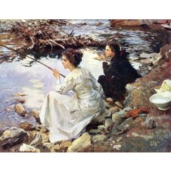 Two Girls Fishing Painting Reproduction