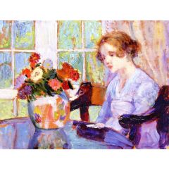 Woman with Zinnia Bouquet Painting Reproduction
