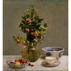 Still Life with Vase of Hawthorn, Bowl of Cherries, Japanese Bowl, and Cup and Saucer Painting Reproduction