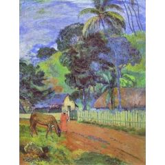 Horse on Road, Tahitian Landscape Painting Reproduction