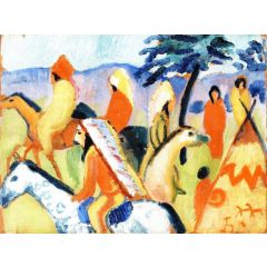 Indians on Horseback next to Tepee Painting Reproduction