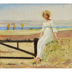 Young girl with flowers in her hair sitting on a fence Painting Reproduction