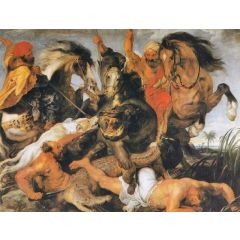 Hippopotamus and Crocodile Hunt Painting Reproduction