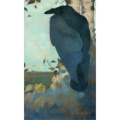 Raven on a Birch Tree Painting Reproduction