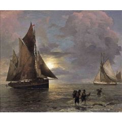 Moonlit Coastal Landscape with Sailing Ships(also known as Mondbeschienene Küstenlandschaft mit Segelbooten) Painting Reproduction