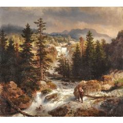 A Fisherman Inspecting his Cath near a Mountain Torrent(also known as Ein Fischer untersucht seinen Fang nahe einer Gebirgsstr?mung) Painting Reproduction