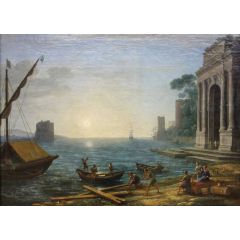 A Seaport at Sunrise Painting Reproduction