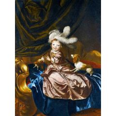Portrait of a Boy in Pink Silk Playing with Two Puppies Painting Reproduction