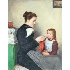 Knitting Bernese Woman with Child Painting Reproduction