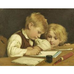 Writing Boy with Little Sister Painting Reproduction