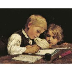 Writing Boy with Little Sister Painting Reproduction