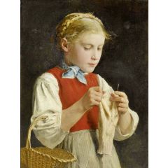 Young Girl Knitting Painting Reproduction
