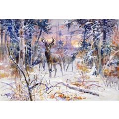 Deer in a Snowy Forest Painting Reproduction