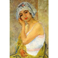 Seated Young Woman Painting Reproduction