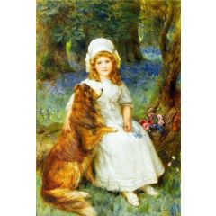Young girl with pet collie seated on a log with flowers in a woodland scene Painting Reproduction