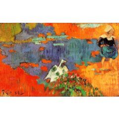 Breton Woman and Goose by the Water Painting Reproduction