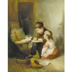 Two Children at Drawing Lessons Painting Reproduction
