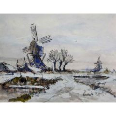A Winter Landscape with Windmills Painting Reproduction