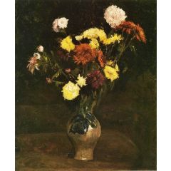 Basket of Carnations and Zinnias Painting Reproduction