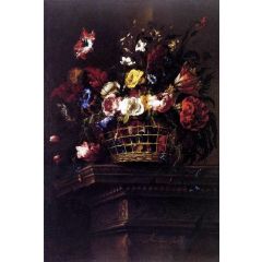Basket of Flowers on a Plinth Painting Reproduction