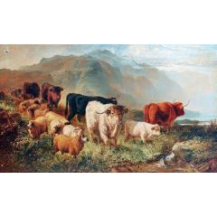 Rocky Landscape with Cattle and Sheep Painting Reproduction