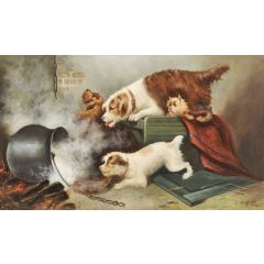 Four Terriers in an Interior, a Pot of Hot Water Falling from a Fire Painting Reproduction
