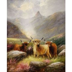 Highland Cattle in a Glen Painting Reproduction